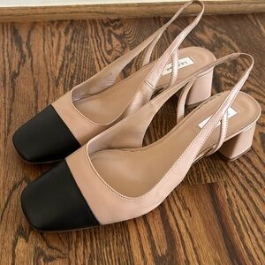 LK Bennett Nude, Black Cap Toe Slingbacks
